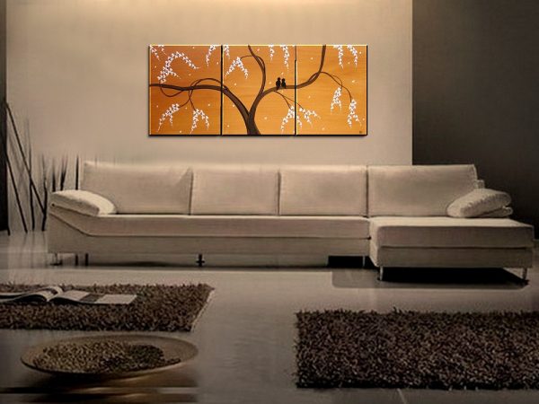 Love Birds Painting Ochre Beige Art Tree Painting Abstract Textured Art 48x20 Triptych CUSTOM