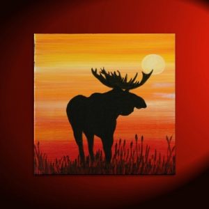 Male Moose Silhouette Painting Original Sunset Cattails Bullrushes Pond Swamp Animal Orange Yellow Art Custom 30x30