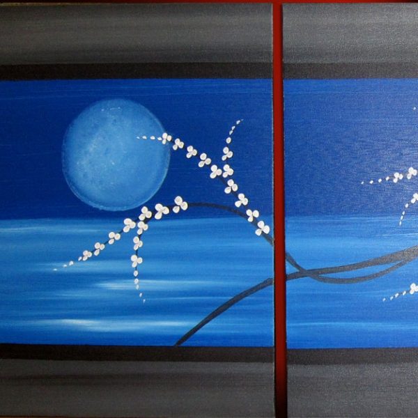 Moon Seascape Cherry Blossom Painting Triptych Ready to Ship 48x20 Original Painting Unique Art