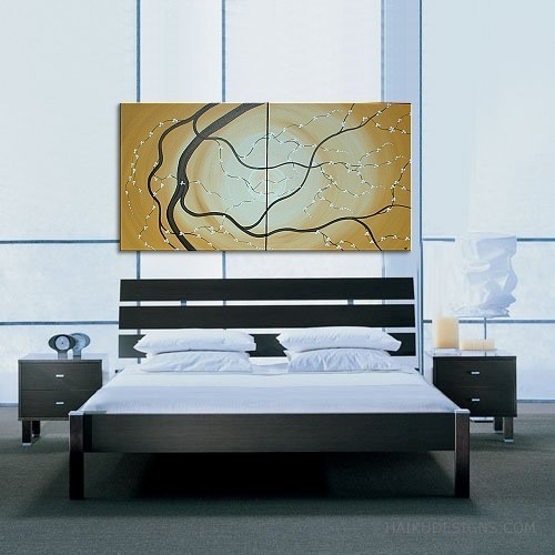 Original Japanese Cherry Blossom Painting Large Abstract Art Ochre with White Blossoms Custom Huge 60x30