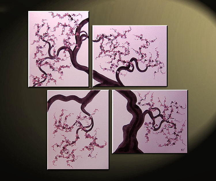 Original Painting Cherry Blossoms Wall Art Pink and Purple Flowers Tree Branch Four Panels Unique Multiple Canvases Ready to Ship 47x41
