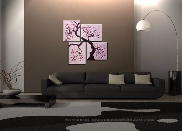 Original Painting Cherry Blossoms Wall Art Pink and Purple Flowers Tree Branch Four Panels Unique Multiple Canvases Ready to Ship 47x41