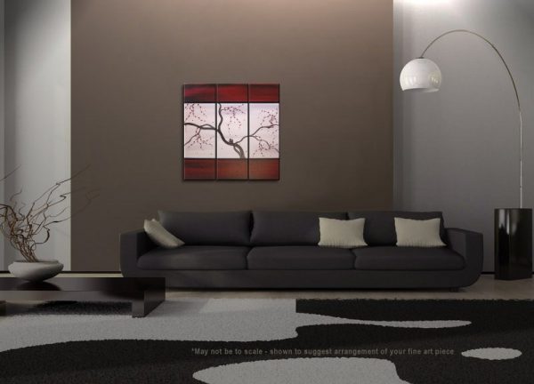 Original Painting Love Bird Art Deep Burgundy Red and Grey Cherry Blossoms Acrylic on Stretched Canvas 36x36 Triptych Custom