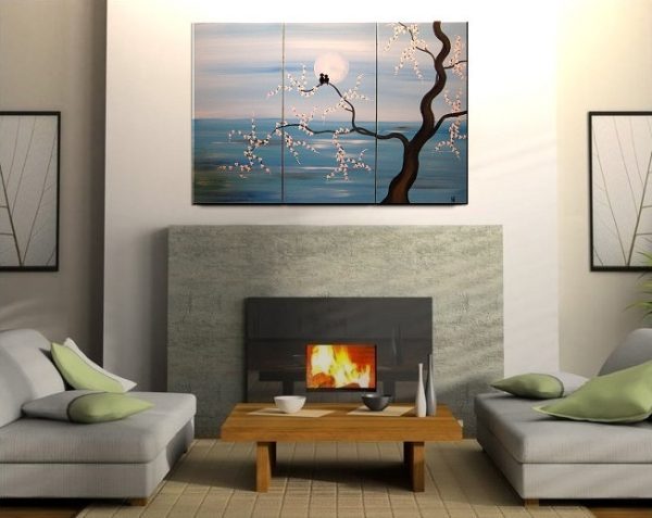Original Painting Love Bird Art Light Blue Turquoise Cherry Blossoms Tree Acrylic on Stretched Canvas Ships Immediately 45x30