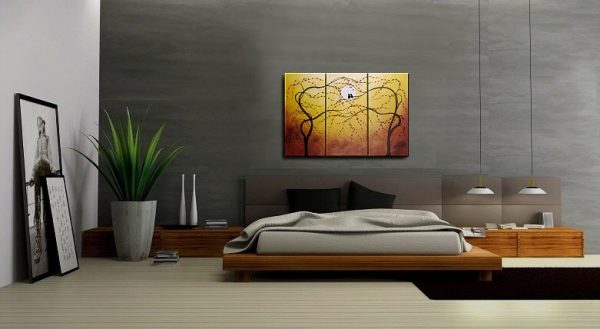 Original Painting Love Bird Art Yellow Burnt Orange and Cherry Blossoms Acrylic on Stretched Canvas Ships Immediately 45x30