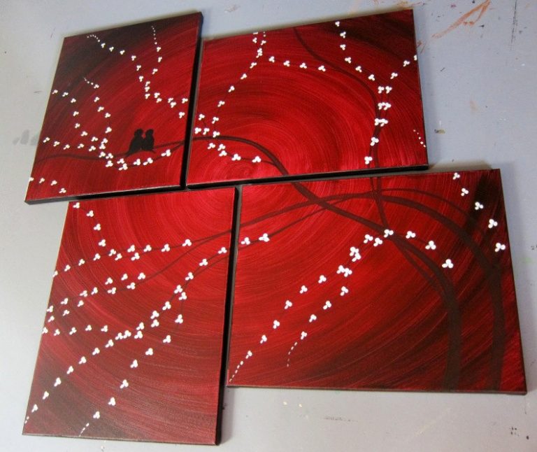 Original Painting Love Bird Wall Art Burgundy Maroon Red Cherry Blossoms Unique Multiple Canvases Asymmetric Custom Personalized 47x41