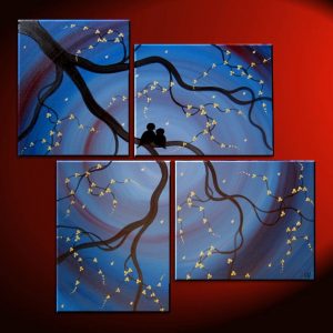 Original Painting Love Bird Wall Art Deep Blue Purple Cherry Tree Branch with Blossoms Unique Multiple Canvases Large 47x41 custom
