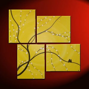 Original Painting Love Bird Wall Art Sunny Yellow Cherry Tree Branch with Blossoms Unique Multiple Canvases Large Love Birds 43x41 Custom