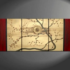 Original Zen Japanese Style Plum Blossom Painting Vibrant Modern Abstract Sunset Art Gold and Red Flowers Custom 48x20