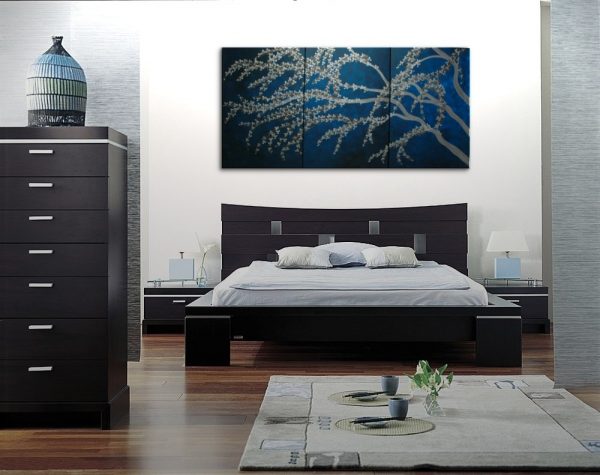 Oversized Artwork Midnight Blue and Silver Cherry Blossom Painting Zen Asian Art Peaceful Calming Flowers HUGE Custom 72x36