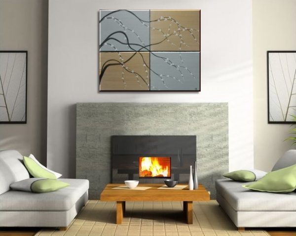 Painting on Canvas Gold and Silver Artwork Cherry Blossoms Wall Art Multiple Canvas Painting Ready to Hang 40x32