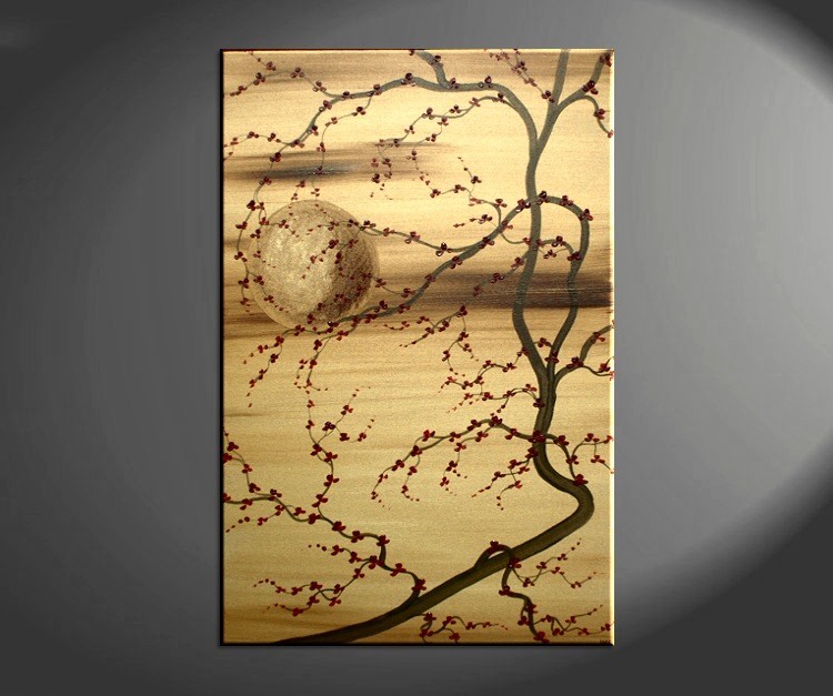 Plum Blossom Painting Deep Rich Gold, Reds Chinese Zen Style Original Art Custom Version 24x36