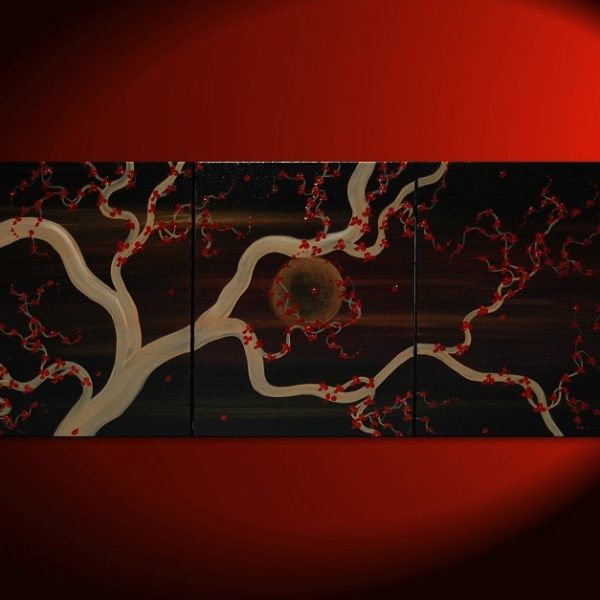 Plum Blossom Painting Original Art zen Asian style Black and Gold Midnight Calming Moon Masculine 48x20 Custom