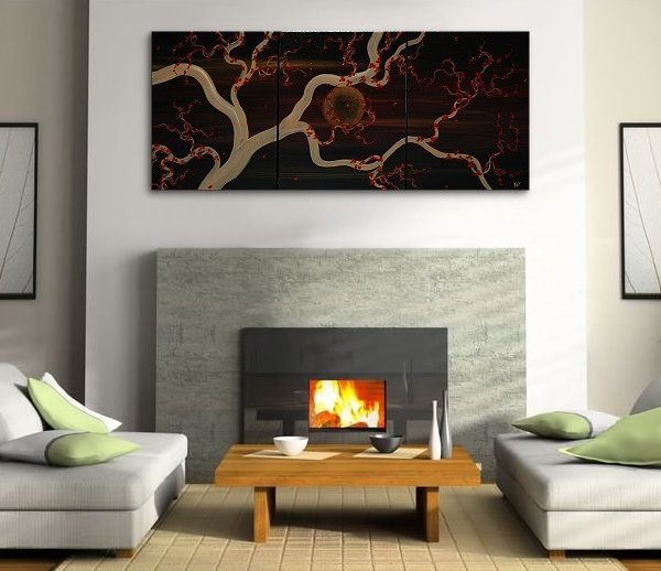 Plum Blossom Painting Original Art zen Asian style Black and Gold Midnight Calming Moon Masculine 48x20 Custom
