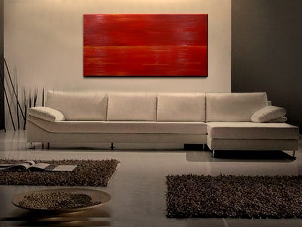 Red Abstract Seascape Art Large Ocean Painting Calm Seas Passionate Bold Crimson Wide Layout 48x24 Mails Quickly