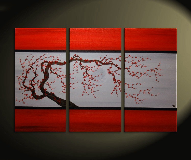 Red and Grey Original Tree Branch Acrylic Art Plum Blossom Painting Chinese Zen Style Triptych Art on Three Canvases 45x30