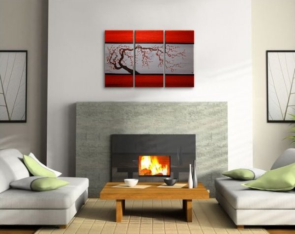 Red and Grey Original Tree Branch Acrylic Art Plum Blossom Painting Chinese Zen Style Triptych Art on Three Canvases 45x30