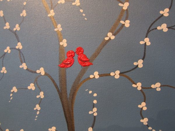 Red Bird and Tree Painting Blue Happy Art Textured Cherry Blossom Tree Accent Size Custom 15x30