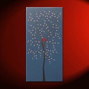 Red Bird and Tree Painting Blue Happy Art Textured Cherry Blossom Tree Accent Size Custom 24x48