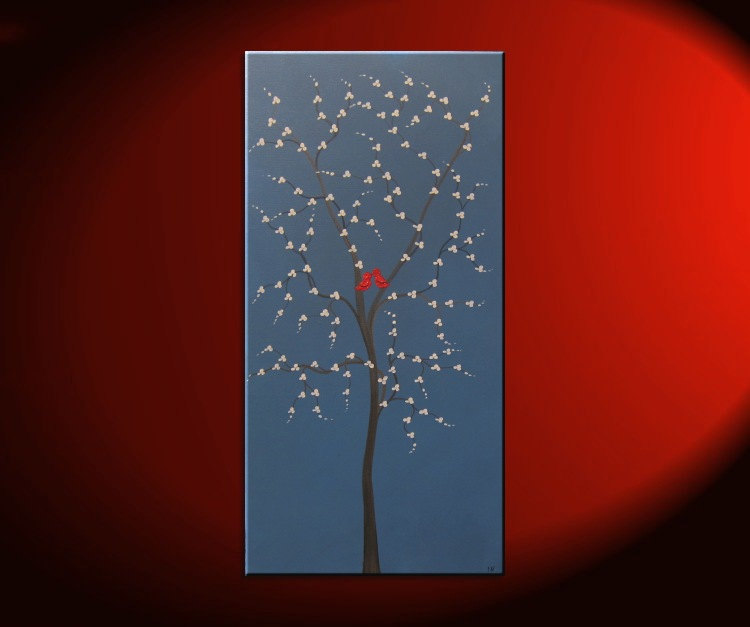 Red Bird and Tree Painting Blue Happy Art Textured Cherry Blossom Tree Accent Size Custom 24x48
