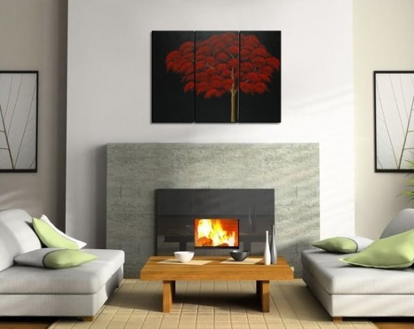 Red Fall Autumn Tree Painting Abstract Art over Three Canvases Zen Asian Style Triptych Custom 45x30