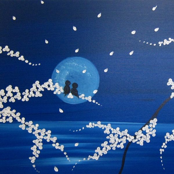 Seascape and Cherry Blossom Love Bird Painting Large Size Original Art Ocean and Moon 48x24 by Nathalie Van