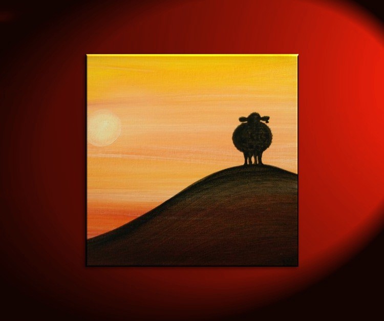 Sheep Silhouette Painting Sunset Calming Happy Lamb Art Original Orange  Yellow Black Funny Whimsical Custom 30x30 - Art by Nathalie Van