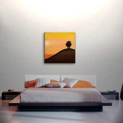 Sheep Silhouette Painting Sunset Calming Happy Lamb Art Original Orange Yellow Black Funny Whimsical Custom 30x30