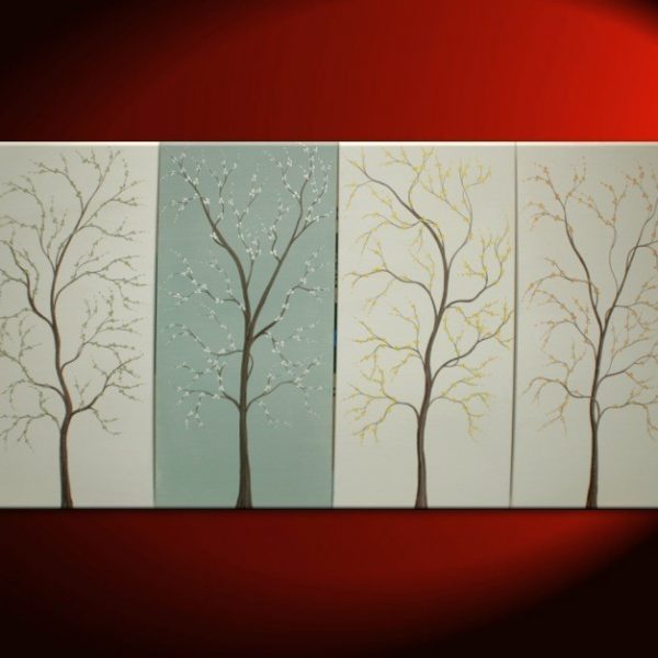 Spa Painting Cream White and Soft Green Art Cherry Blossom Flowering Trees Lemongrass Urban Original Art Custom 60x30
