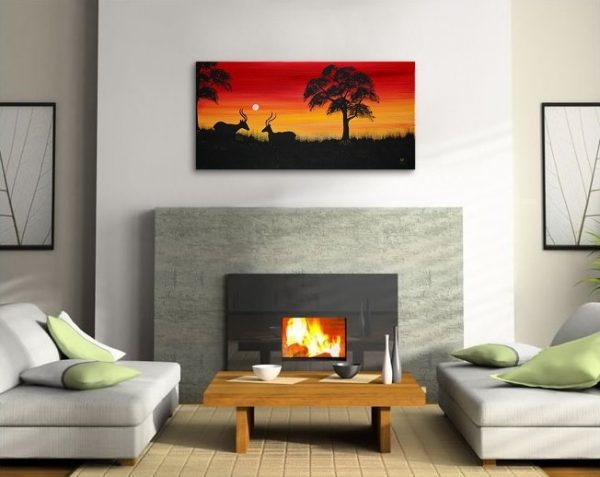Sunset Antelope Painting Abstract Tree Art Happy Calming Mood Original Painting African Dusk Yellow Red and Black Silhouette Art 48x24