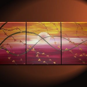 Sunset Cherry Blossom Painting Asian Style Wall Art Red Orange Yellow Zen Calming Colors Custom 48x20