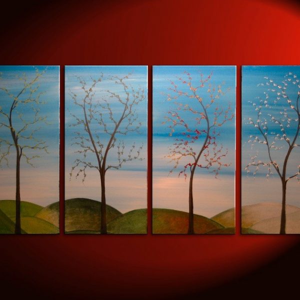 Tree Painting Four Seasons Blossom Original Art Spring Fall Summer Winter On Trend Stylish Home Decor Large CUSTOM 60x30