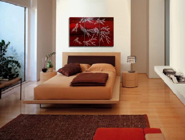 Wall Art Rich Red Triptych Tree Blossom Painting Crimson Burgundy and White Tree Branches Original Custom 45x30