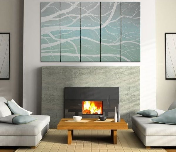 Winter Tree Branches Painting Modern Abstract HUGE Original Art Large Greys Turquoise White Office Art Custom 60x36