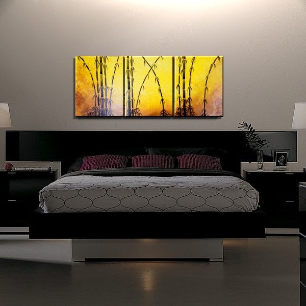 Yellow Bamboo Painting Original Wall Art Beautiful Triptych Home Decor 48x20