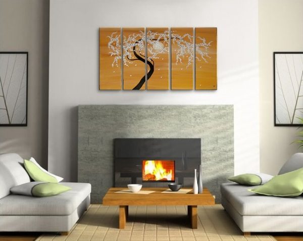 Zen Tree Painting Spring Flowers Ochre Golden Browns 40x24 over Five Stretched Canvases Custom