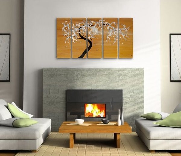 Zen Tree Painting Spring Flowers Ochre Golden Browns 40x24 over Five Stretched Canvases Custom