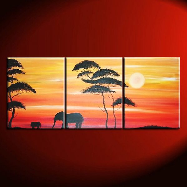Abstract Sunset Painting Elephant Nursery Art Acacia Trees Red Orange Mother and Child Triptych Original Silhouette Wall Art Custom 48x20