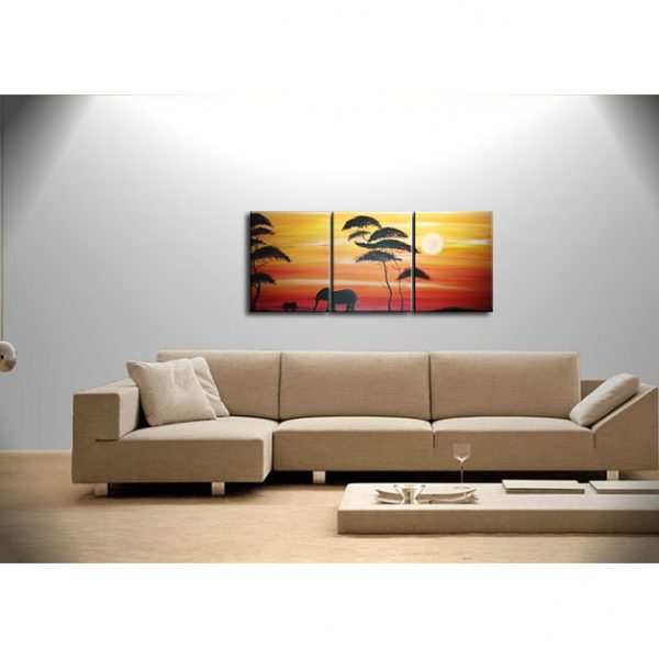 Abstract Sunset Painting Elephant Nursery Art Acacia Trees Red Orange Mother and Child Triptych Original Silhouette Wall Art Custom 48x20