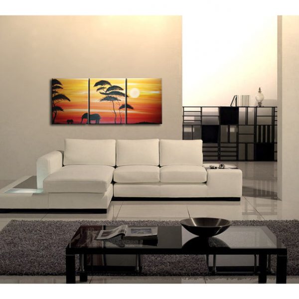 Abstract Sunset Painting Elephant Nursery Art Acacia Trees Red Orange Mother and Child Triptych Original Silhouette Wall Art Custom 48x20