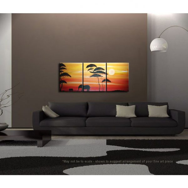 Abstract Sunset Painting Elephant Nursery Art Acacia Trees Red Orange Mother and Child Triptych Original Silhouette Wall Art Custom 48x20