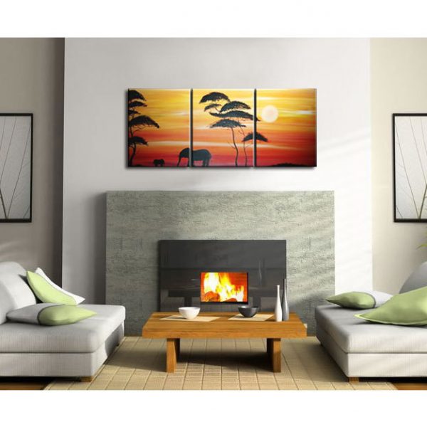 Abstract Sunset Painting Elephant Nursery Art Acacia Trees Red Orange Mother and Child Triptych Original Silhouette Wall Art Custom 48x20