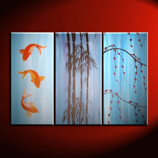 Beautiful Koi Fish Painting in Blues Triptych Wall Art Bamboo Cherry Blossoms Custom 45x30