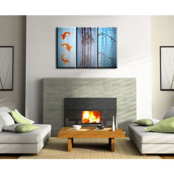 Beautiful Koi Fish Painting in Blues Triptych Wall Art Bamboo Cherry Blossoms Custom 45x30