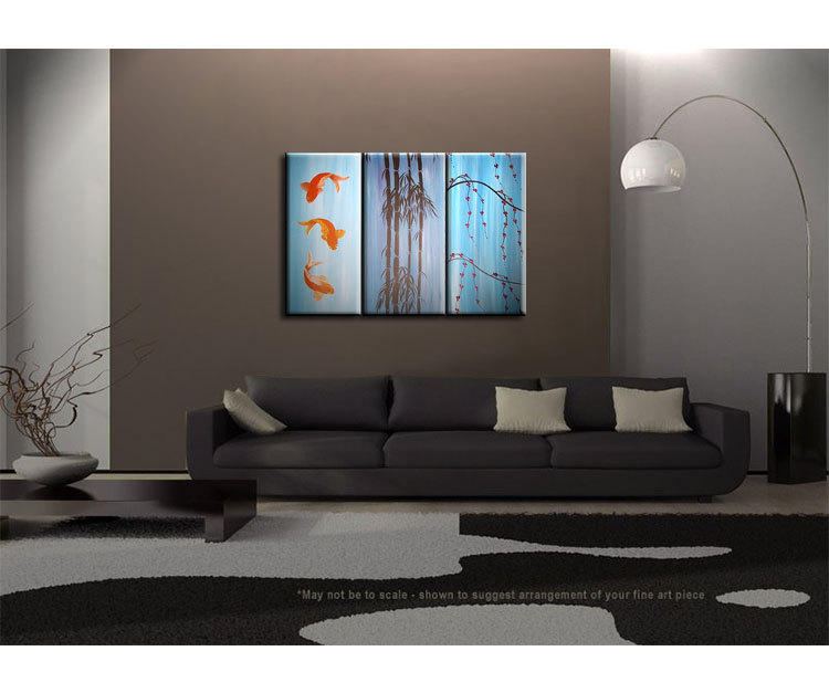 Beautiful Koi Fish Painting in Blues Triptych Wall Art Bamboo Cherry Blossoms Custom 45x30