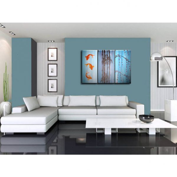 Beautiful Koi Fish Painting in Blues Triptych Wall Art Bamboo Cherry Blossoms Custom 45x30