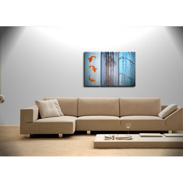 Beautiful Koi Fish Painting in Blues Triptych Wall Art Bamboo Cherry Blossoms Custom 45x30