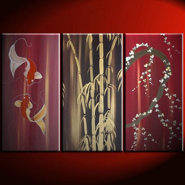 Beautiful Koi Fish Painting in Wine Reds Triptych Wall Art Bamboo Cherry Blossoms Custom 45x30