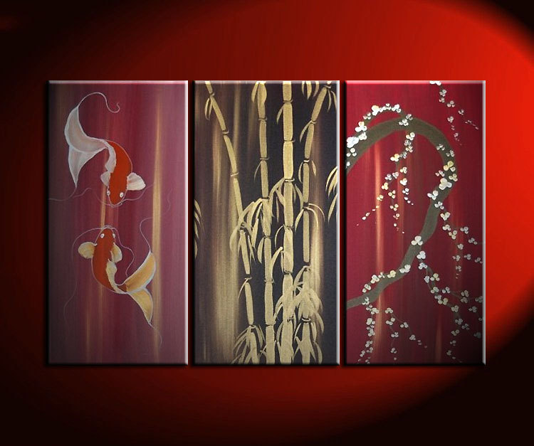 Beautiful Koi Fish Painting in Wine Reds Triptych Wall Art Bamboo Cherry Blossoms Custom 45x30