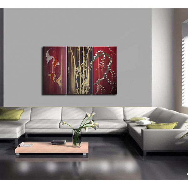 Beautiful Koi Fish Painting in Wine Reds Triptych Wall Art Bamboo Cherry Blossoms Custom 45x30